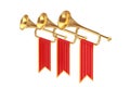 Golden Fanfare Trumpets with Red Flags. 3d Rendering