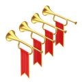 Golden Fanfare Trumpets with Red Flags. 3d Rendering