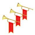 Golden Fanfare Trumpets with Red Flags. 3d Rendering Royalty Free Stock Photo