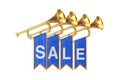 Golden Fanfare Trumpets with Sale Sign Blue Flags. 3d Rendering