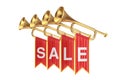 Golden Fanfare Trumpets with Sale Sign Red Flags. 3d Rendering