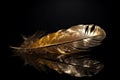 Golden fantasy feather on black background. Generate ai Royalty Free Stock Photo