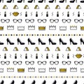 Golden fashion accessories pattern with black high heel shoes, lips, lipstick, gold crown, sunglasses in memphis style