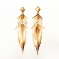 Gold Feather Earrings With Geometric Details - Realistic And Detailed Rendering