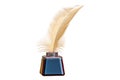 Golden feather and ink bottle, 3D rendering