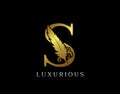 Golden Feather Letter S Luxury Brand Logo icon, vector design concept feather with letter for initial luxury business, firm, law
