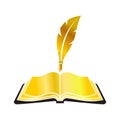 Golden feather pen and golden book vector