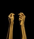 Golden Female Hand Gesture Hold Card. Set of Various Views Isolated on Black Background. Royalty Free Stock Photo