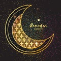 Golden Festive Ramadan crescent moon, stars. Greeting card.