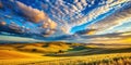 Golden fields under a dramatic sunset sky, rolling hills and vibrant cloudscape. Generative AI Royalty Free Stock Photo