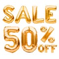 Golden fifty percent sale sign made of inflatable balloons isolated on white. Helium balloons, gold foil numbers. Sale decoration