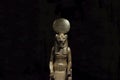 Golden figure of old Egyptian goddess Sekhmet in a museum with black background.