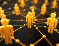 Golden figures interconnected by lines represent collaboration, networking. Visualizes social connections, shared resources.
