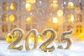 Golden figures number 2025 against the background of cozy windows of a house with warm light with festive decor of stars,snow and Royalty Free Stock Photo