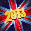 Golden figures year 2013 over shining UK flag