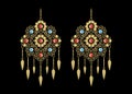 Golden Filigree Earrings with gems, jewelry icons for Shop and Fashion store, isolated or black background