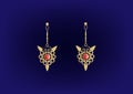 Golden Filigree Earrings with gems, jewelry icons for Shop and Fashion store, isolated or blue background