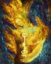 Golden fire fairy guardian in forest, colorful painting