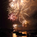 Golden fireworks over harbor landscape in Sydney night scene Royalty Free Stock Photo