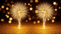 Golden fireworks exploding on a glittery surface with bokeh lights in the background Royalty Free Stock Photo