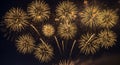 Golden fireworks exploding in the night sky. Celebration of New Years Eve. Bright festive display for holiday and special event Royalty Free Stock Photo