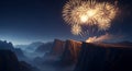 Golden fireworks exploding over majestic mountain range at night Royalty Free Stock Photo