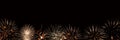 Golden fireworks panoramic background with copyspace, new year holiday night party web banner