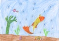 Kids pencil drawing of a golden fish underwater wild life Royalty Free Stock Photo