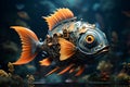 Golden Fish-robot in the sea, 3D, bright illustration, color postcard. Generated AI