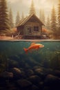 a golden fish is swimming in the water under a small hut generative AI Royalty Free Stock Photo