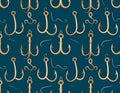 Golden Fishing Hooks Pattern on Dark Blue Background Royalty Free Stock Photo