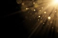 Golden flash of light with glares bokeh with glitters on a black background. Rays of light. Vector illustration