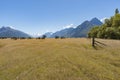 Golden flat farmland between Soutern Alps mountains Royalty Free Stock Photo