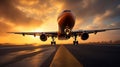 Skyward View of Airplane Landing at Dusk with Gleaming Metal Surfaces and Wingtip Lights. Generative Ai