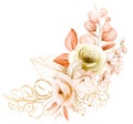 Golden Floral Arrangement of Soft Watercolor Flowers Hand Drawn