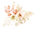 Golden Floral Arrangement of Soft Watercolor and Line Art Flowers