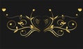 Golden floral elements with heart and butterfly on black background,Ornamental border,swirls and flowers,Decorative design element