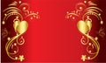 Golden floral elements with heart and butterfly on red background,Ornamental border,swirls and flowers,Decorative design element