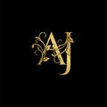 Golden floral letter A and J, AJ logo Icon, Luxury alphabet font initial vector design isolated on black background Royalty Free Stock Photo