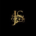 Golden floral letter J and S, JS logo Icon, Luxury alphabet font initial vector design isolated on black background Royalty Free Stock Photo