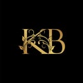 Golden floral letter K and B, KB logo Icon, Luxury alphabet font initial vector design isolated on black background Royalty Free Stock Photo