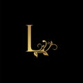 Golden floral letter L logo Icon, Luxury alphabet font initial vector design isolated on black background Royalty Free Stock Photo