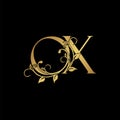 Golden floral letter O and X, OX logo Icon, Luxury alphabet font initial vector design isolated on black background Royalty Free Stock Photo