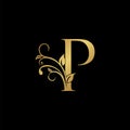 Golden floral letter P logo Icon, Luxury alphabet font initial vector design isolated on black background Royalty Free Stock Photo
