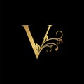 Golden floral letter V logo Icon, Luxury alphabet font initial vector design isolated on black background Royalty Free Stock Photo