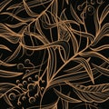 Golden floral seamless pattern with golden flowers, leaf, berries on black background
