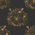 Golden floral seamless pattern with hand drawn hibiscus flowers on black background. Stock vector Royalty Free Stock Photo