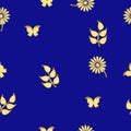 golden flower, golden butterfly and golden leaves on a blue background, seamless pattern Royalty Free Stock Photo
