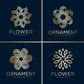 Golden flower and ornament logo collection, line art, gold, beauty, decoration, icon Premium Vector