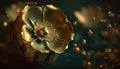 a golden flower is sitting on a table with some lights in the back ground and a blurry background is shown in the foreground.